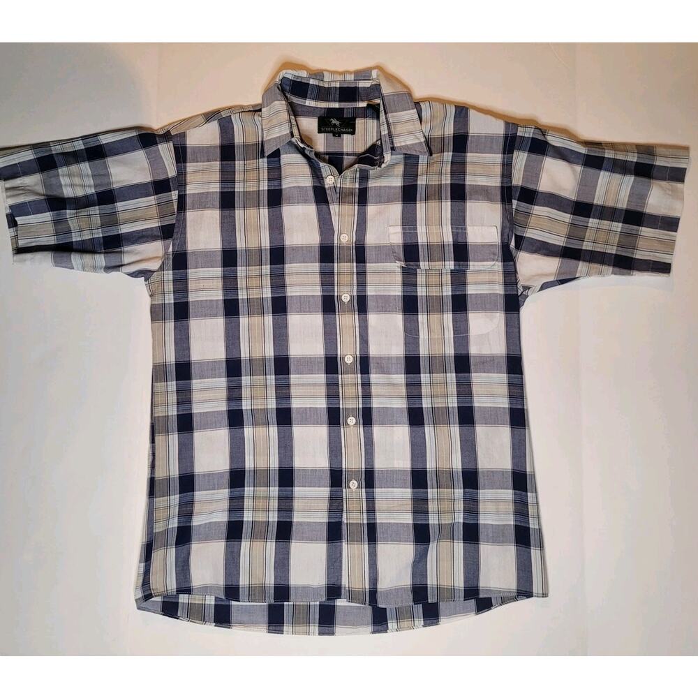 Vintage Steeplechase Blue Gray Plaid Short Sleeve Button Up Shirt Size M